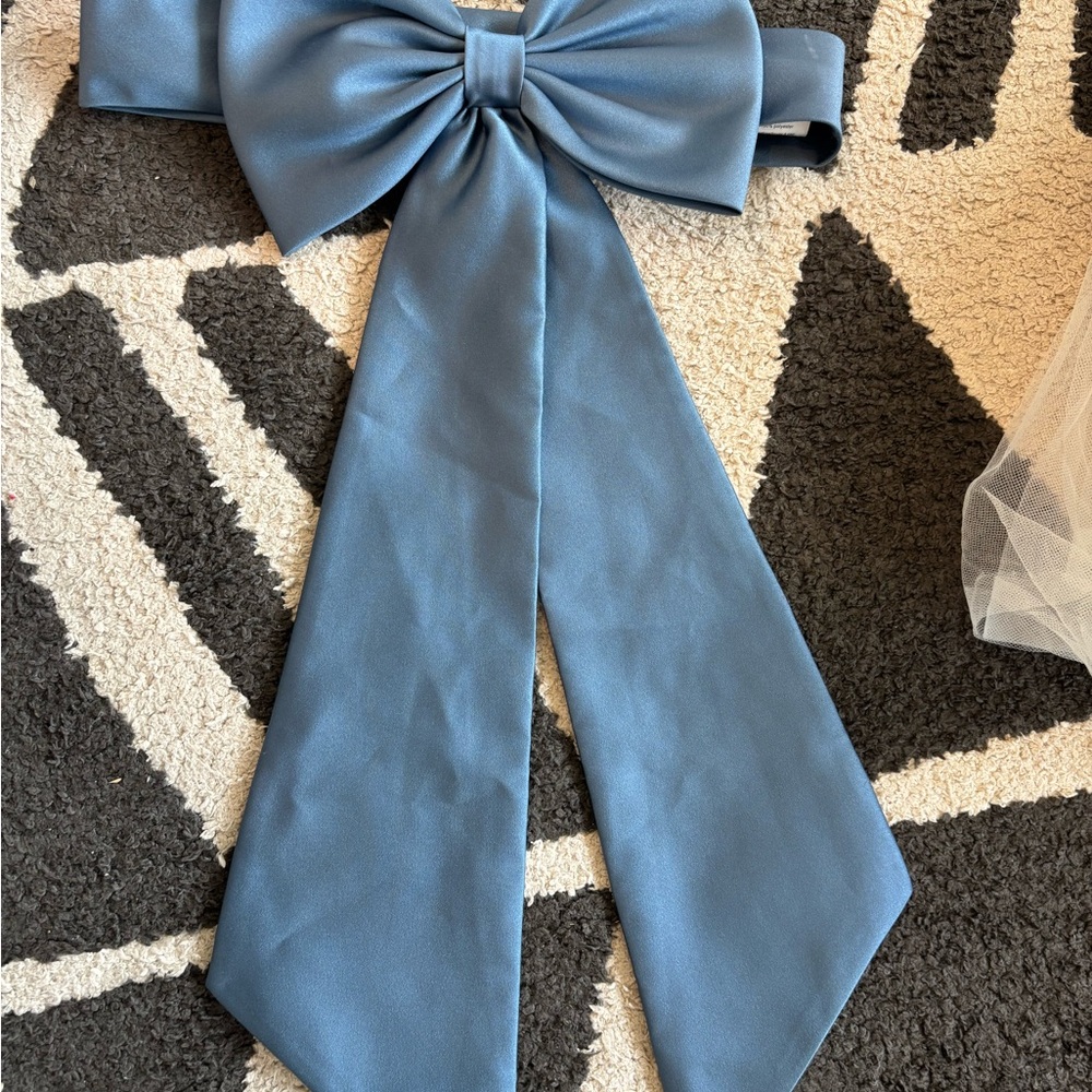 Elegant Ivory White Tulle Dress with blue bow - Picture 8 of 9